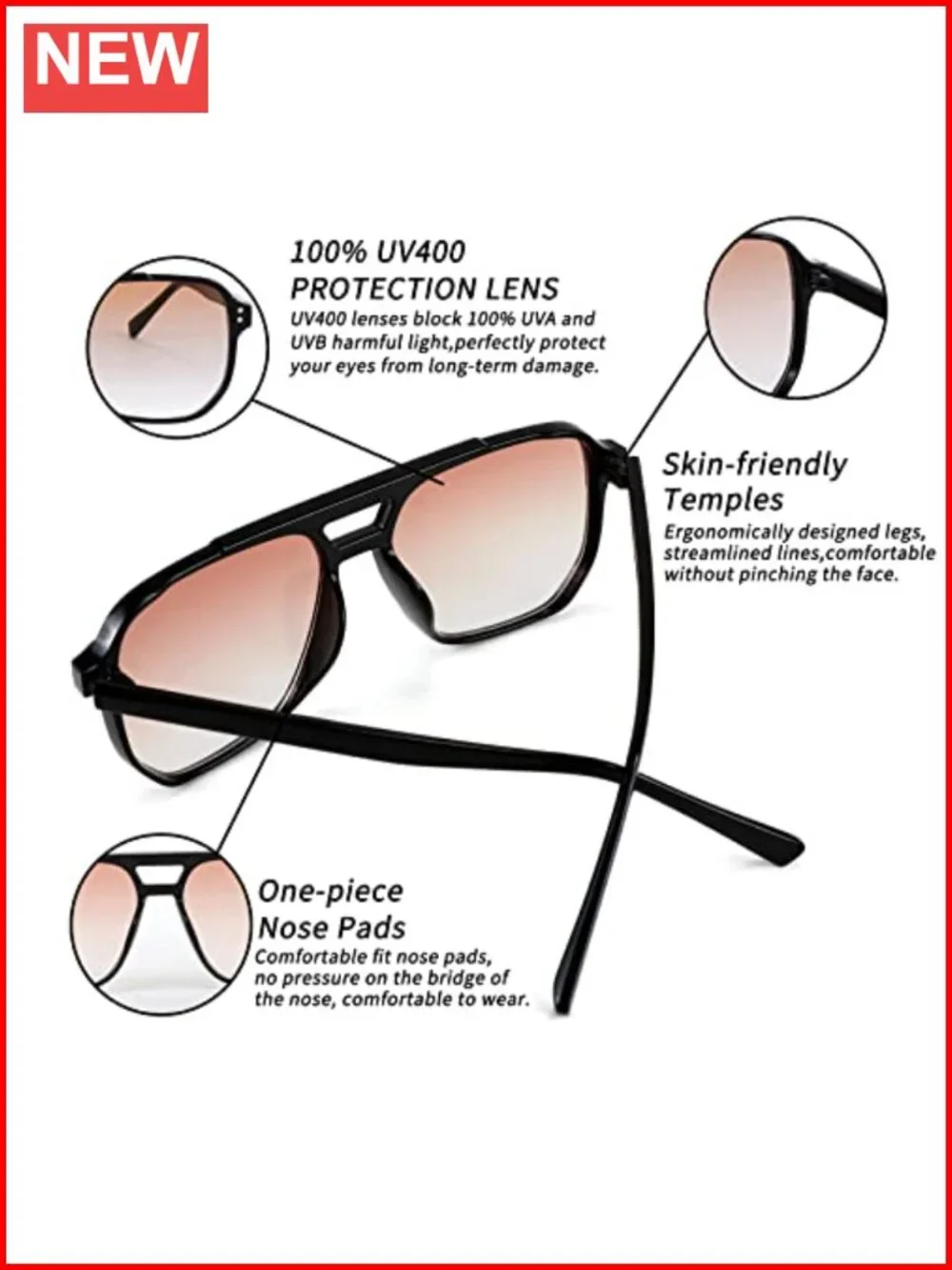Vintage Square Aviator Sunglasses Plastic Frame UV400 Protection